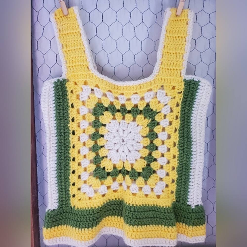 Vintage crochet knit tank top floral wool yellow VTG 70s cottagecore boho small - Picture 5 of 11